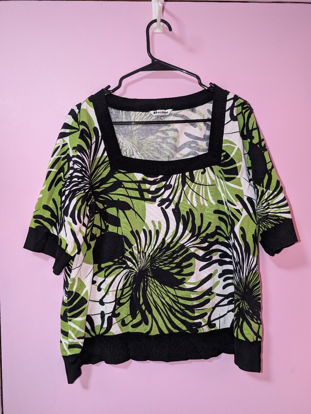 Green Floral Knit Square-Neck Blouse